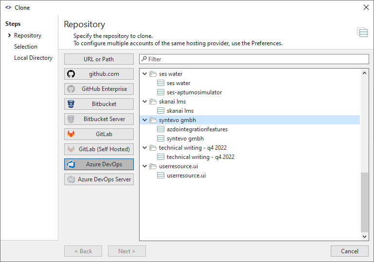 Cloning a Repository using a connected Hosting Provider