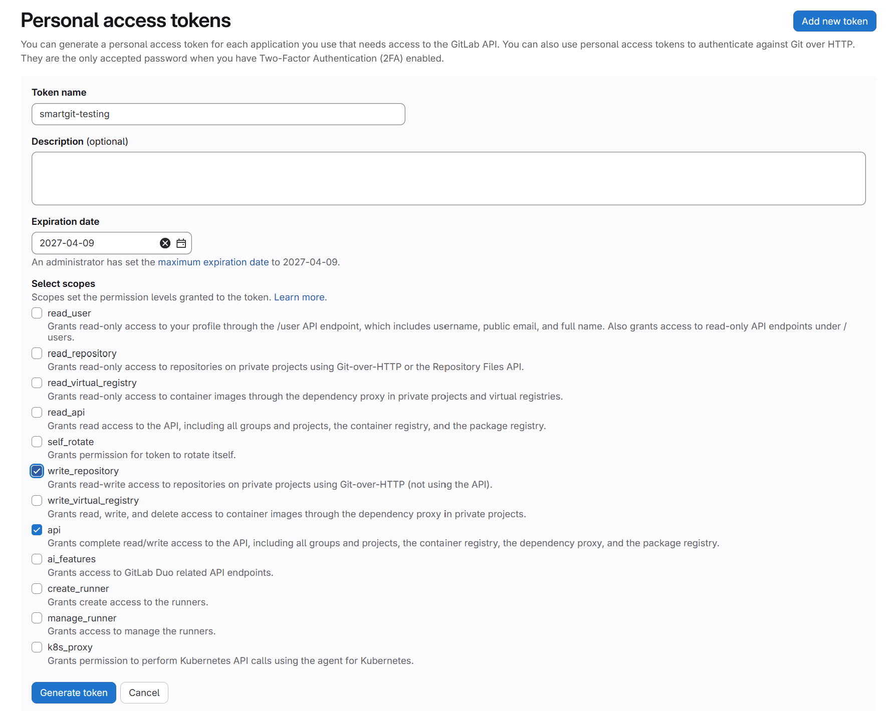 GitLab personal access token scopes